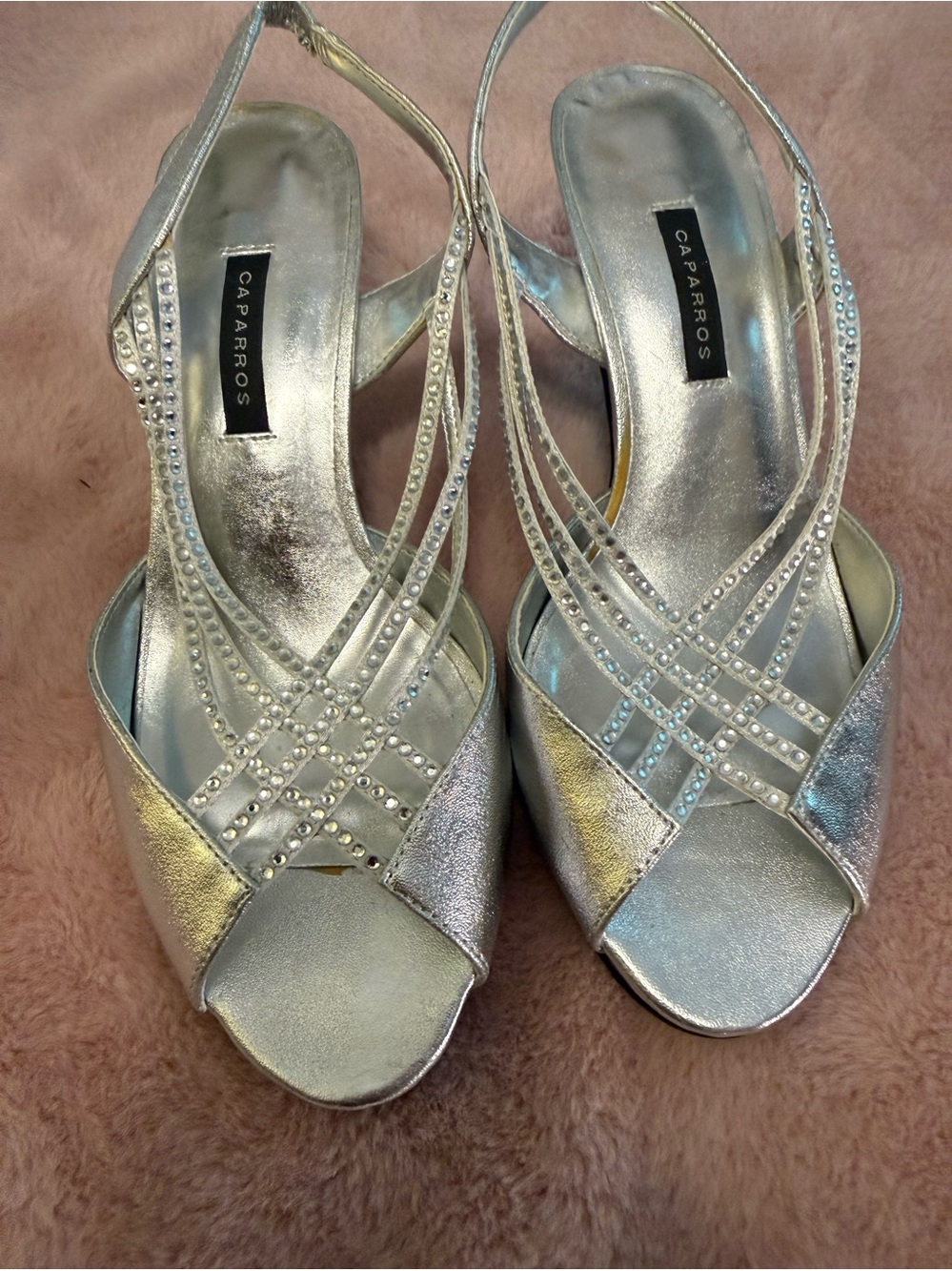 Caparros Metallic Silver Rhinestone Slingback Heels